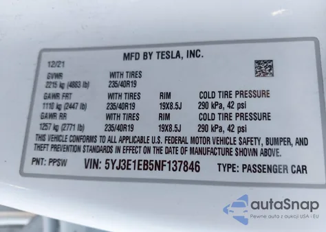 2022 Tesla Model 3 Long Range Dual Motor All-Wheel Drive from USA, damaged, VIN 5YJ3E1EB5NF137846